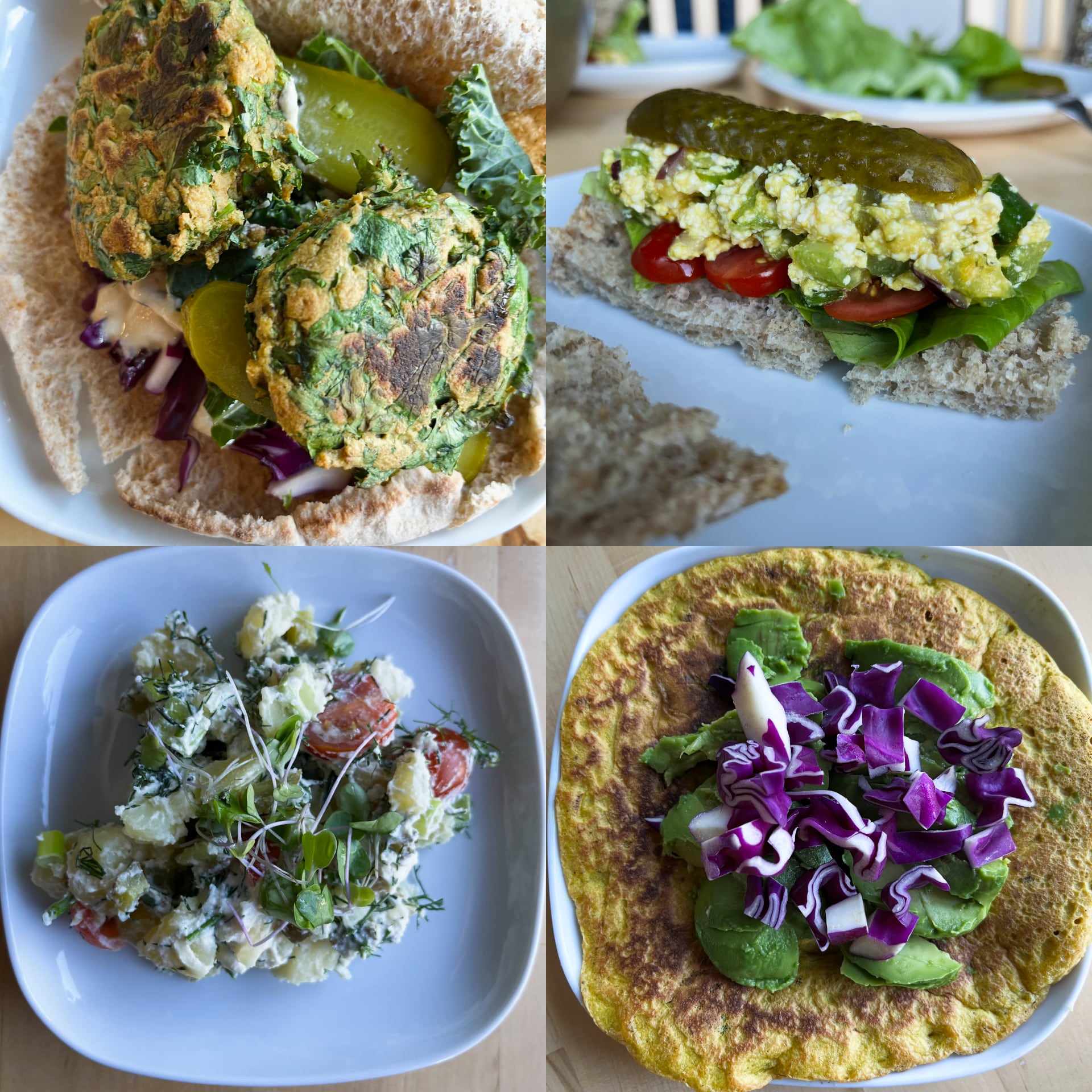 Falafel pita, tofu salad sandwich, potato salad, mung bean pancake.